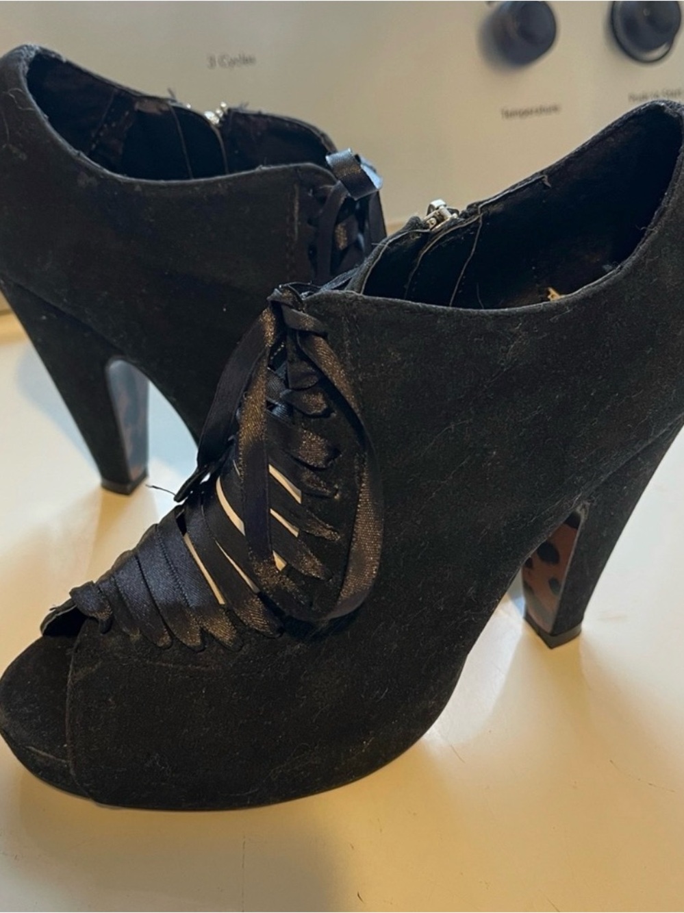 Bettie Page Black Suede Peep-Toe Lace-Up Heels
